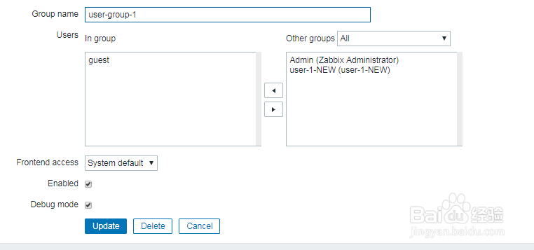 如何在zabbix中修改用户组？