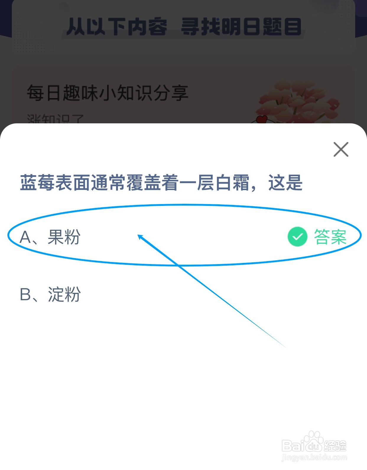蚂蚁庄园：蓝莓表面覆盖着一层白霜是？