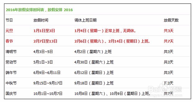 2016年放假安排时间表