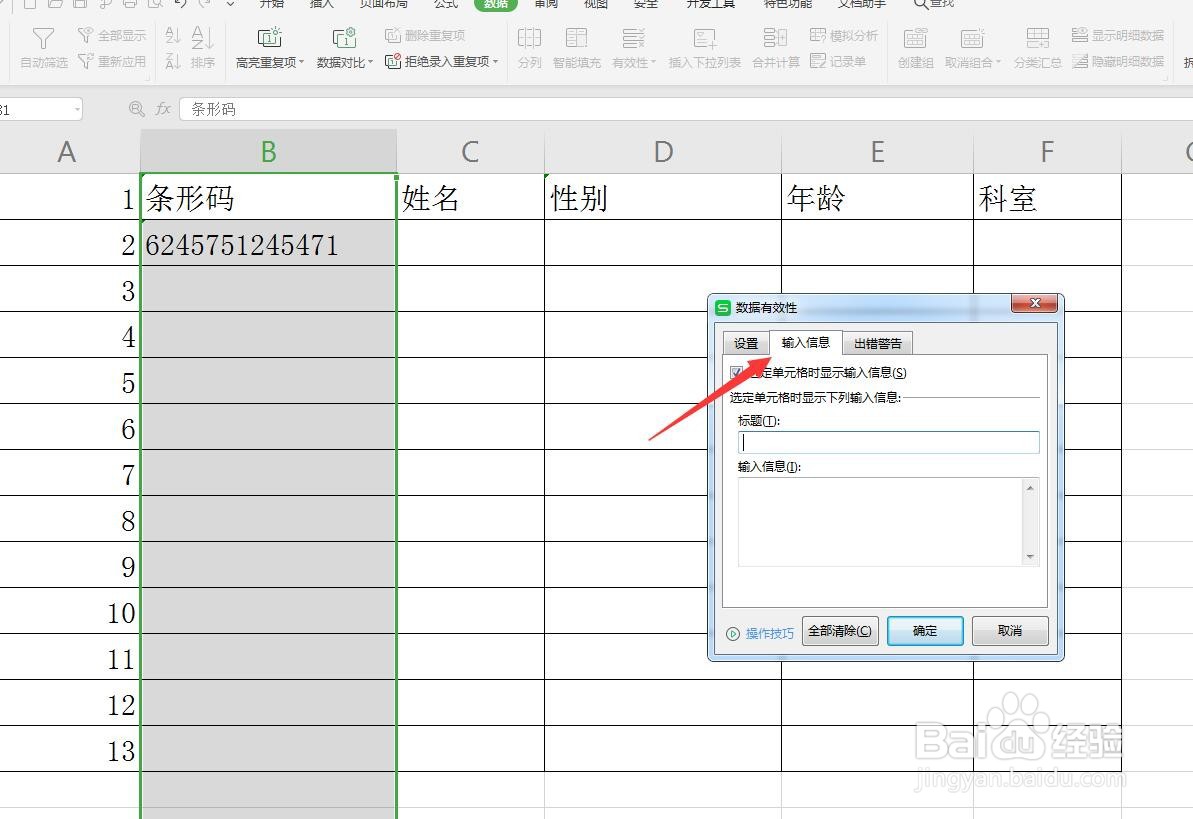 Excel/WPS表格数据有效性怎么设置输入信息