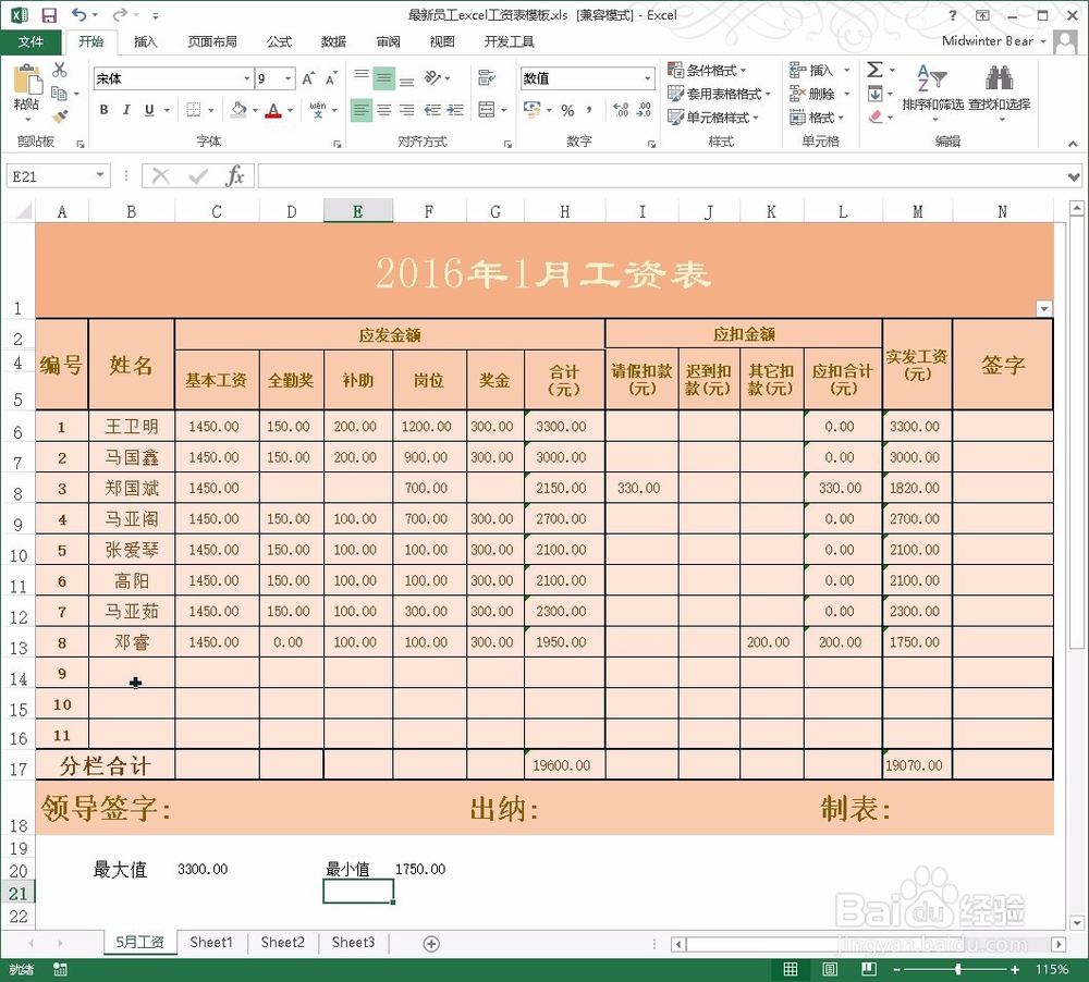 使用excel找出员工的最高工资和最低工资的方法
