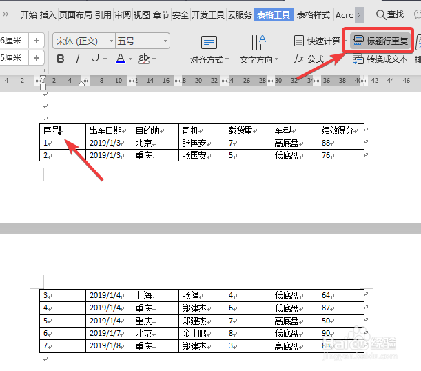 WPS中Word表格设置了标题行重复,但不重复显示