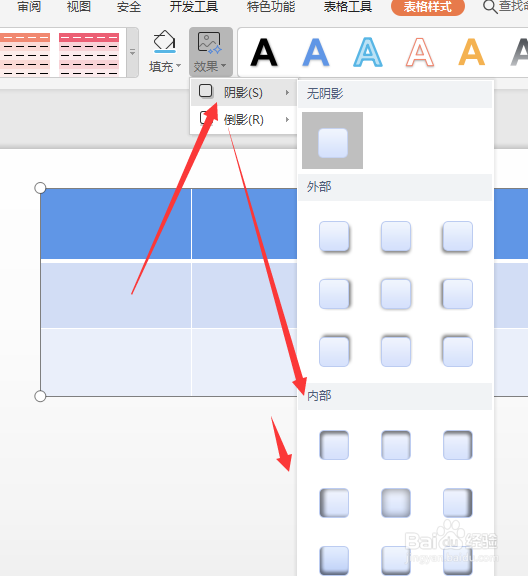 在wps幻灯片中怎样给表格添加内部阴影效果