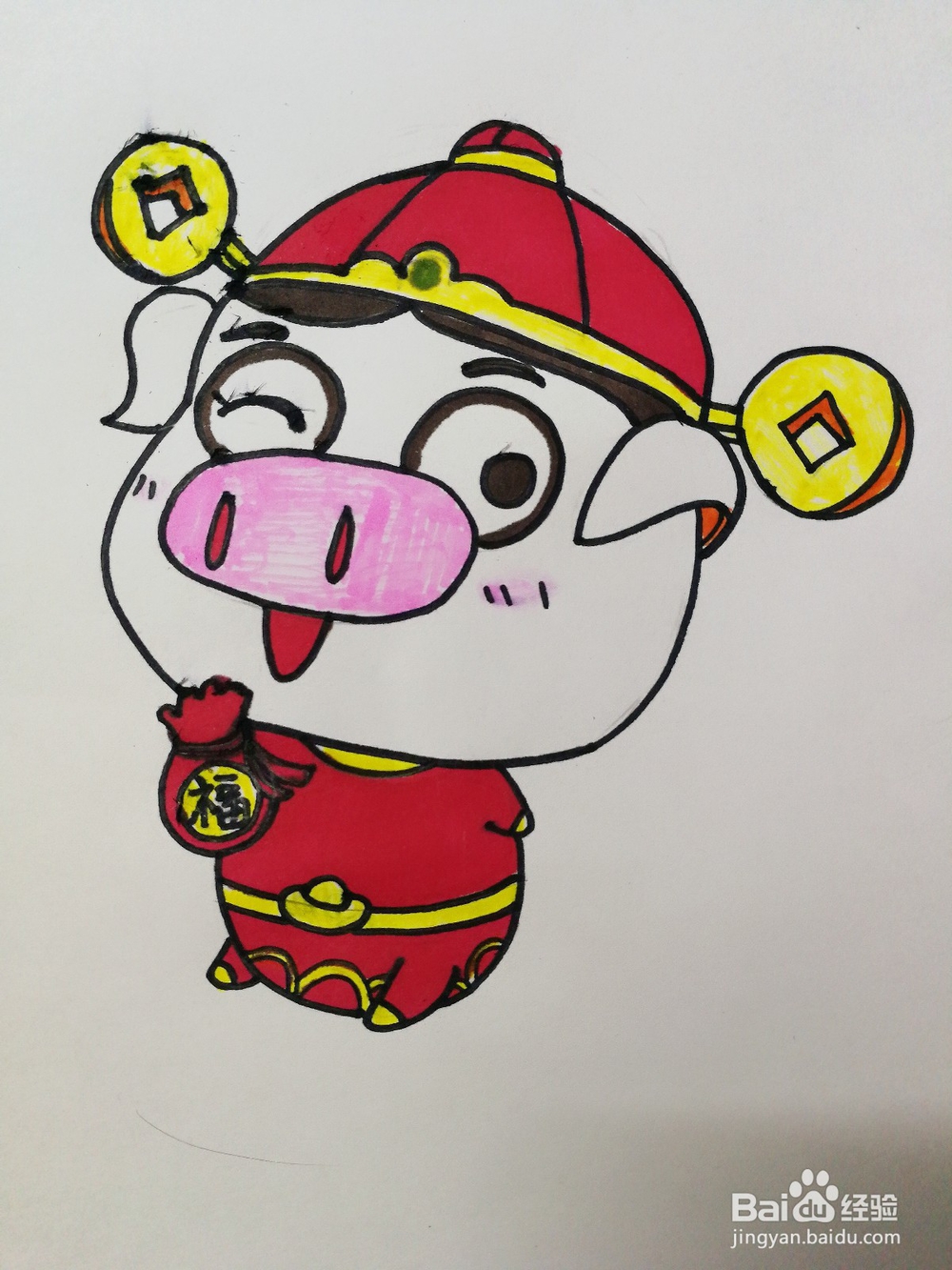 马克笔彩绘拿着福袋的喜庆小猪卡通插图