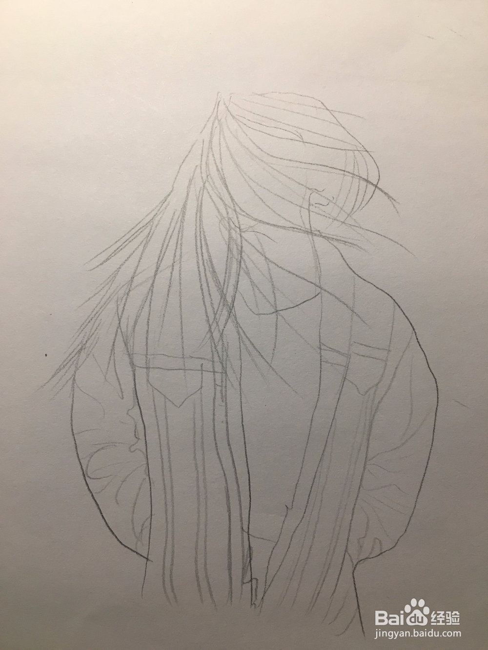 冬季画一个风中长发凌乱的样子 女子简笔线描画