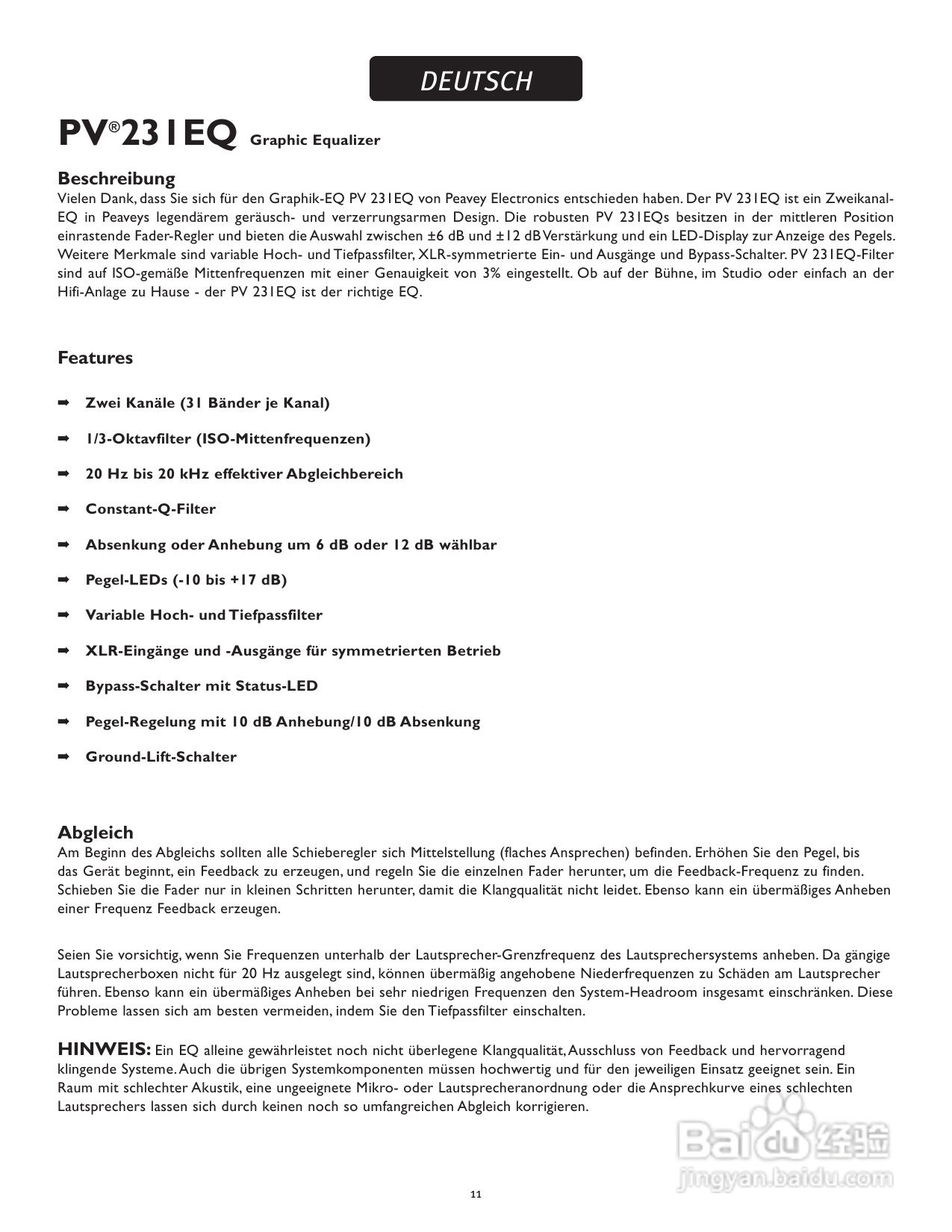 百威PV 231EQ Graphic Equalizer音响 说明书:[1]