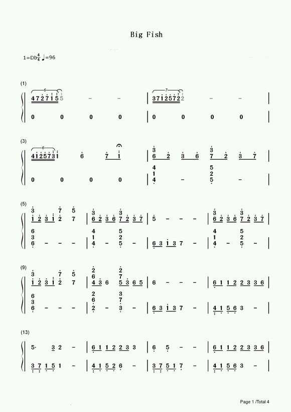 求大鱼钢琴曲简谱双手版