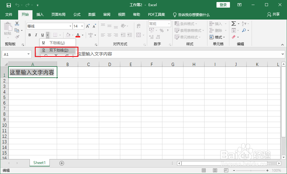 Excel 2019如何给文字添加双下划线？
