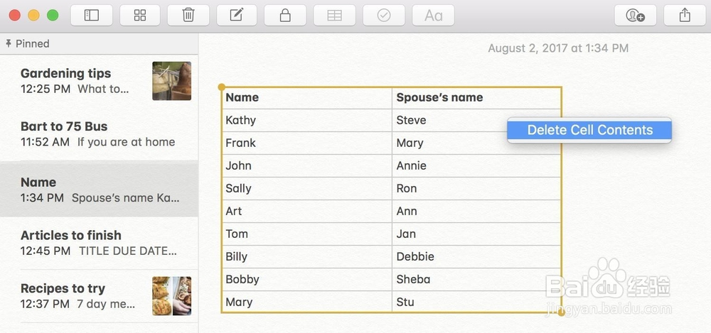 macOS High Sierra中使用Notes中的表