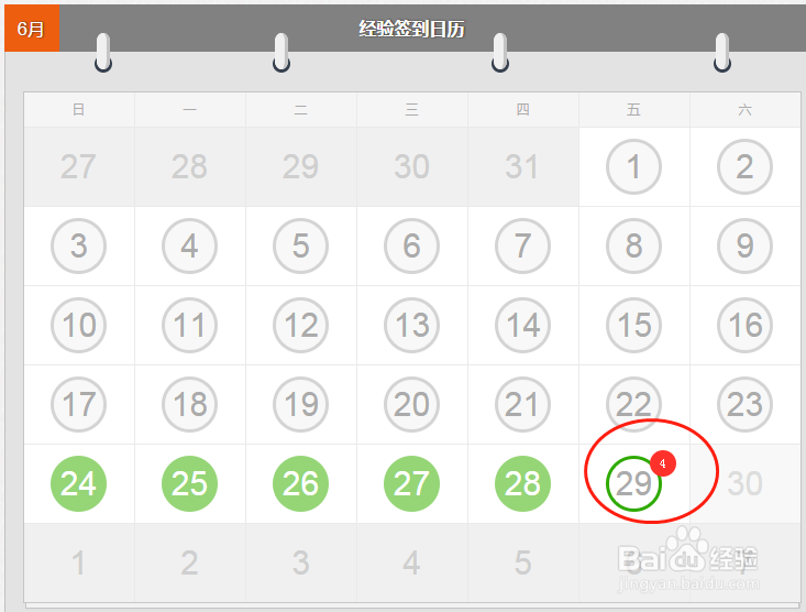 百度经验签到日历上的圆圈数字表示什么