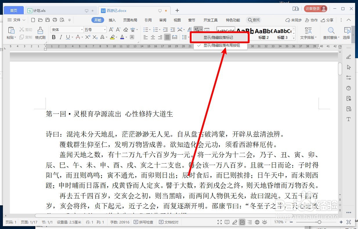 WPS文字如何显示或删除分页符？