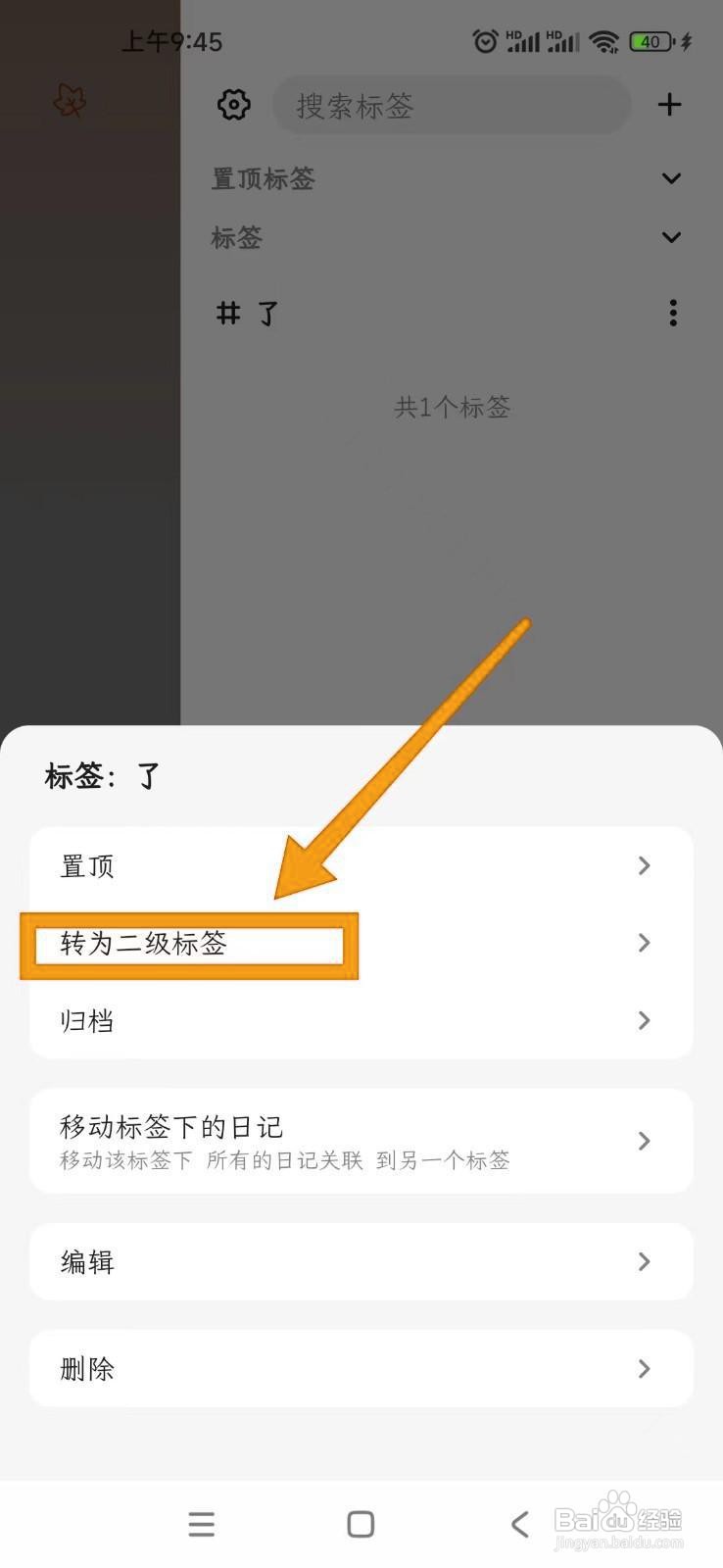 如何在一叶日记APP中将标签转为二级