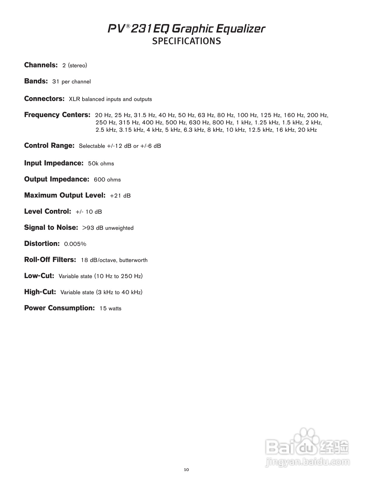 百威PV 231EQ Graphic Equalizer音响 说明书:[1]