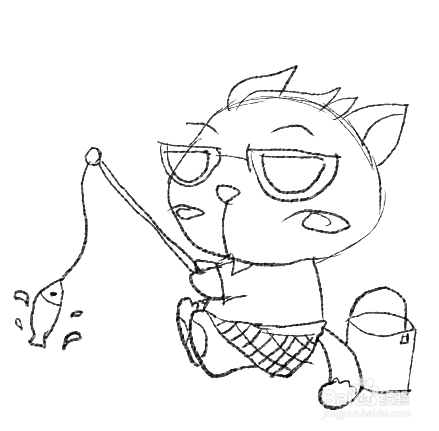 彩色简笔画小猫钓鱼的画法