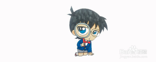 音乐首先画出柯南的头发,然后画出面部和五官,在右眼上画上一个放大镜