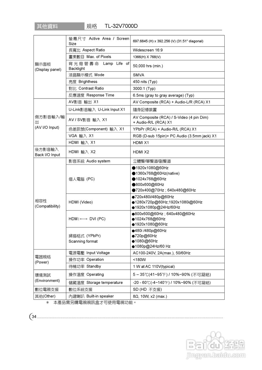 奇美多媒体液晶显示器TL-42V7000D型使用说明书:[4]