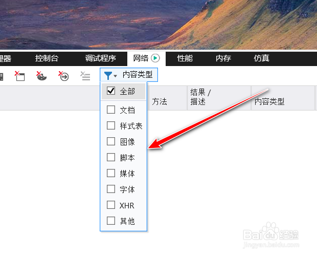 IE11浏览器开发者工具如何根据内容类型过滤请求