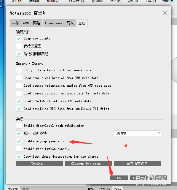 Agisoft Metashape怎么开启启用mipmap生成