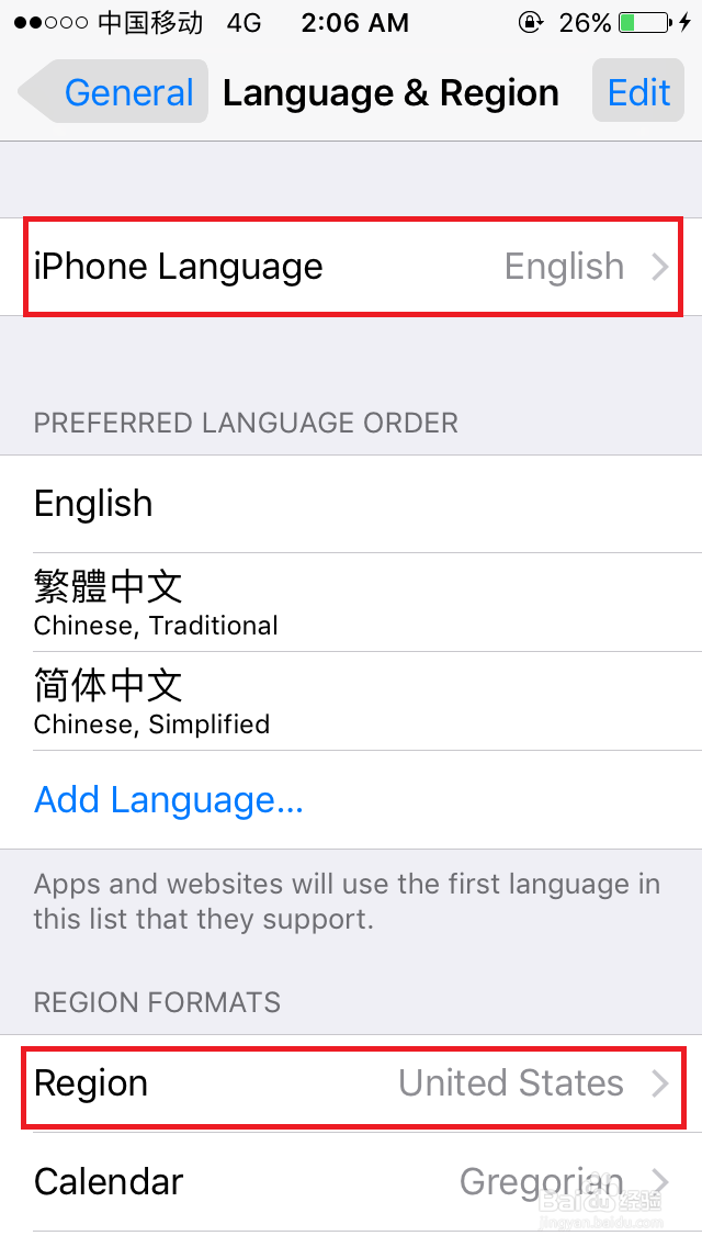苹果iphone6语言与地区怎么切换