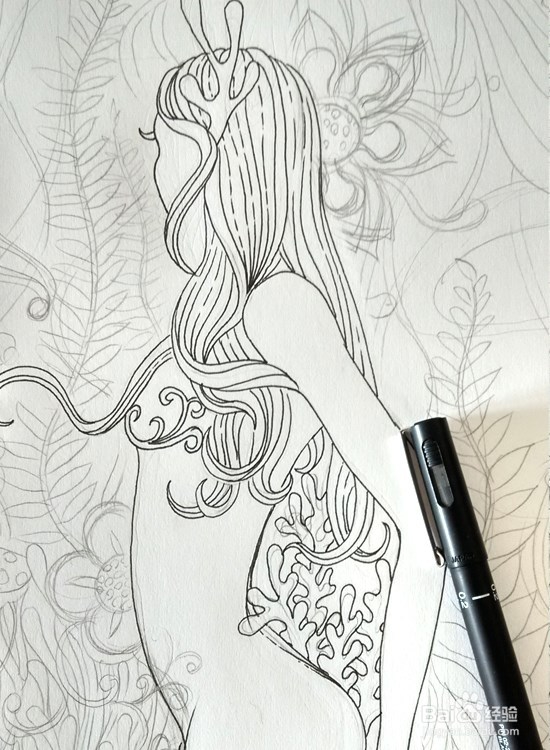 手绘插画-人物黑白装饰画（美少女）