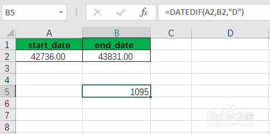 使用DATEDIF函数计算两个日期之间相隔的天数等