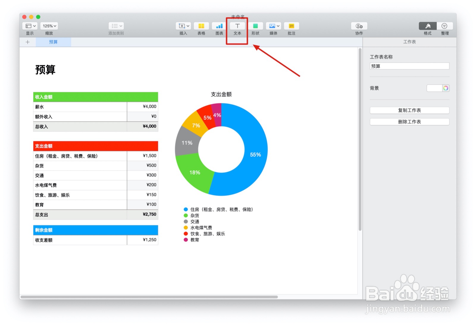 Numbers表格“简单预算”模板中如何插入文本