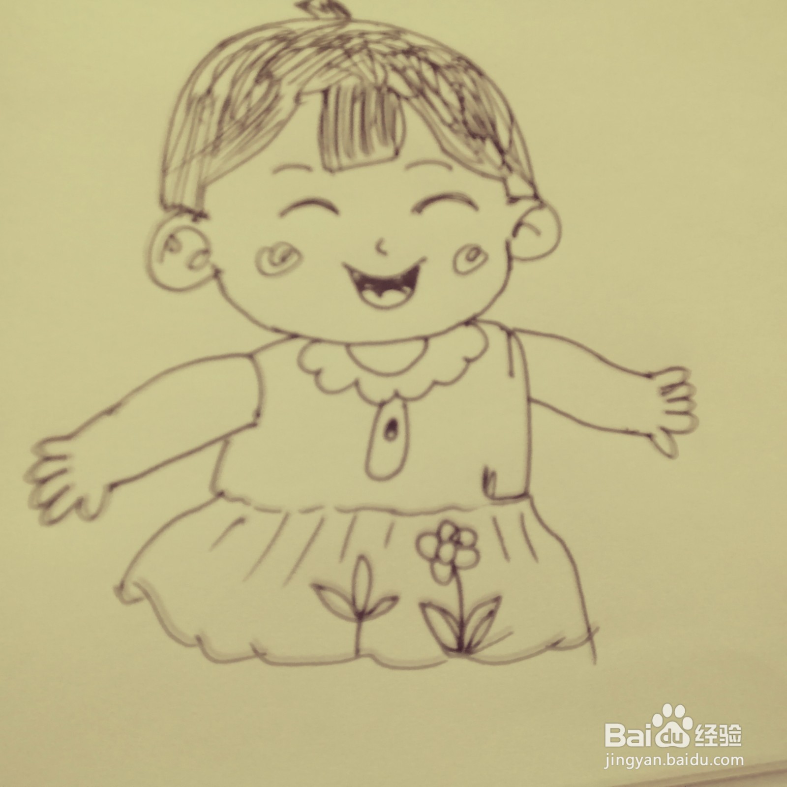 如何画一位穿着裙子的开心女生简笔画呢?