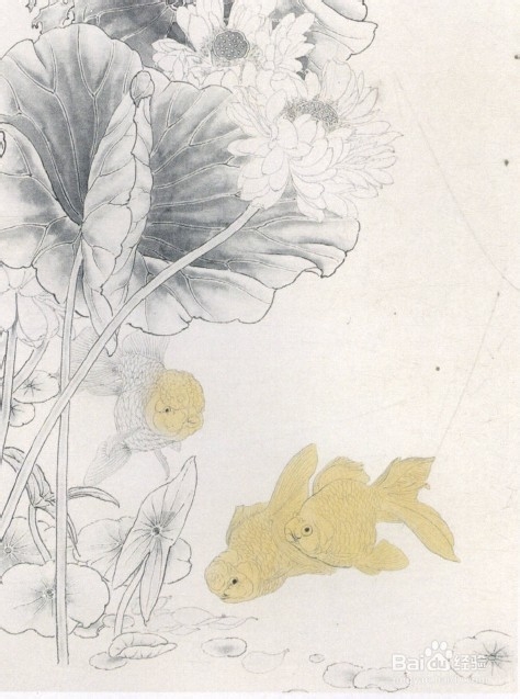 教画工笔荷花与金鱼