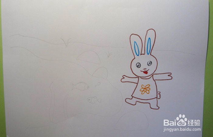 彩色简笔画小兔子看鱼儿游