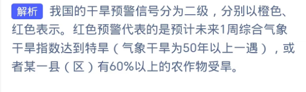 在我国的干旱预警信号中红色代表?