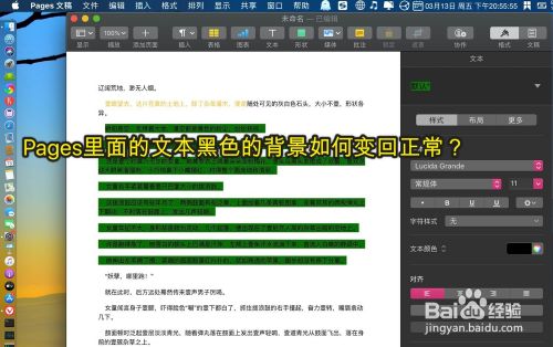 Pages里面的文本黑色的背景如何变回正常 百度经验