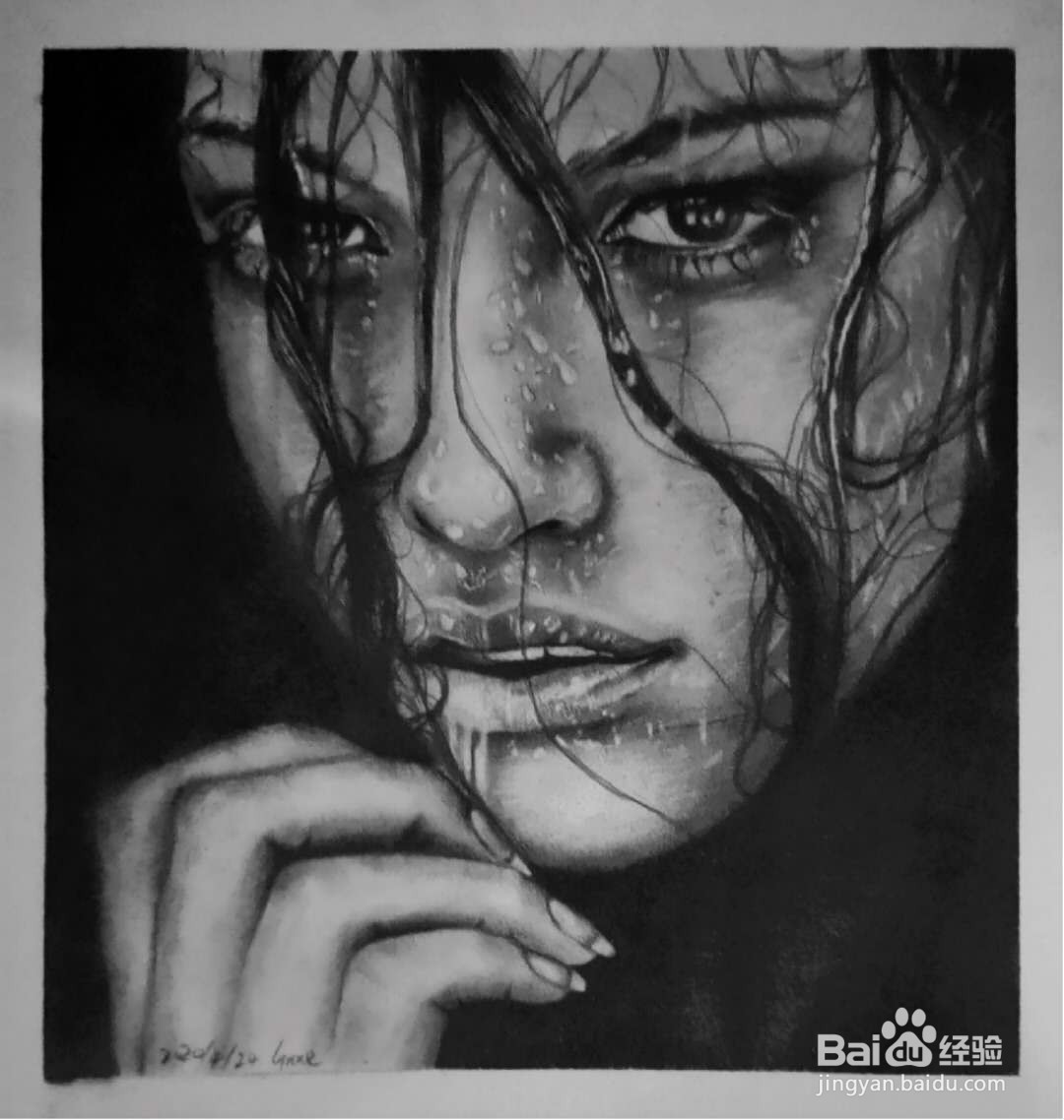 如何素描淋雨头像-雨中女人