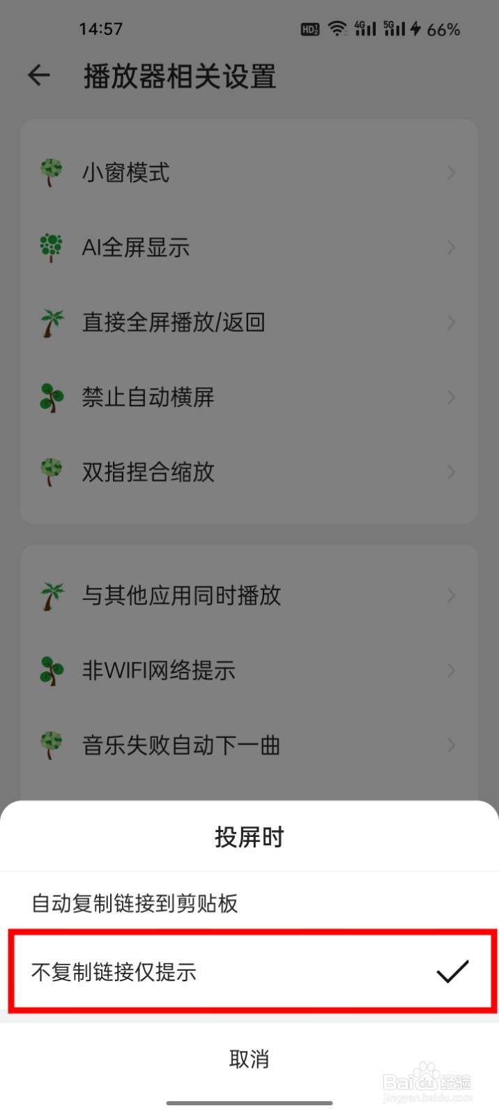 海阔视界怎么设定投屏时不复制链接仅提示