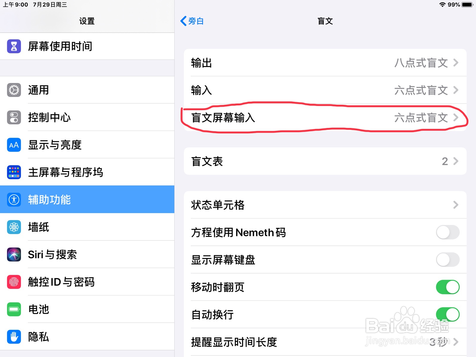 iPad怎么在旁白打开盲文屏幕输入的倒转圆点位置