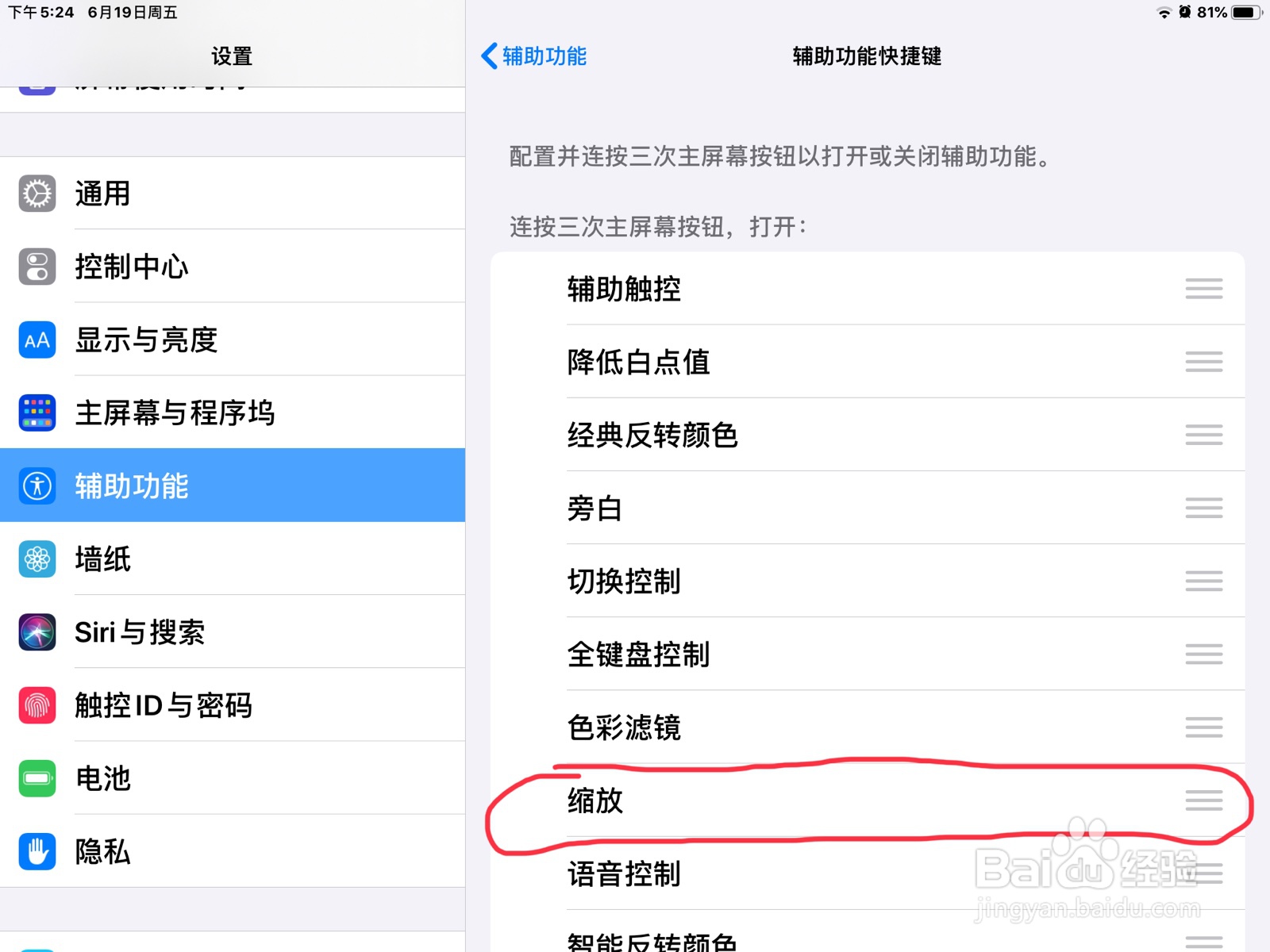 iPad怎么用主屏幕键打开缩放