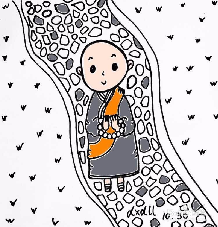 茉莉水彩手绘之踱步的小和尚