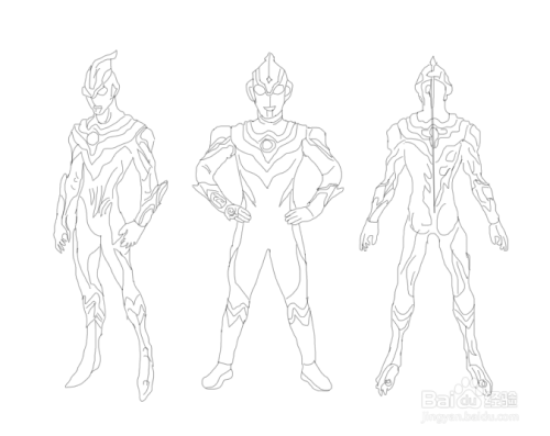 最后再画出他的腿部及脚部,这样我们的泰迦三小队在一起的简笔画就