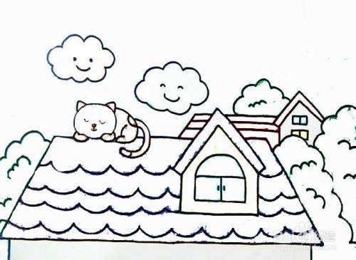 趴在屋顶上睡觉的猫咪的简笔画