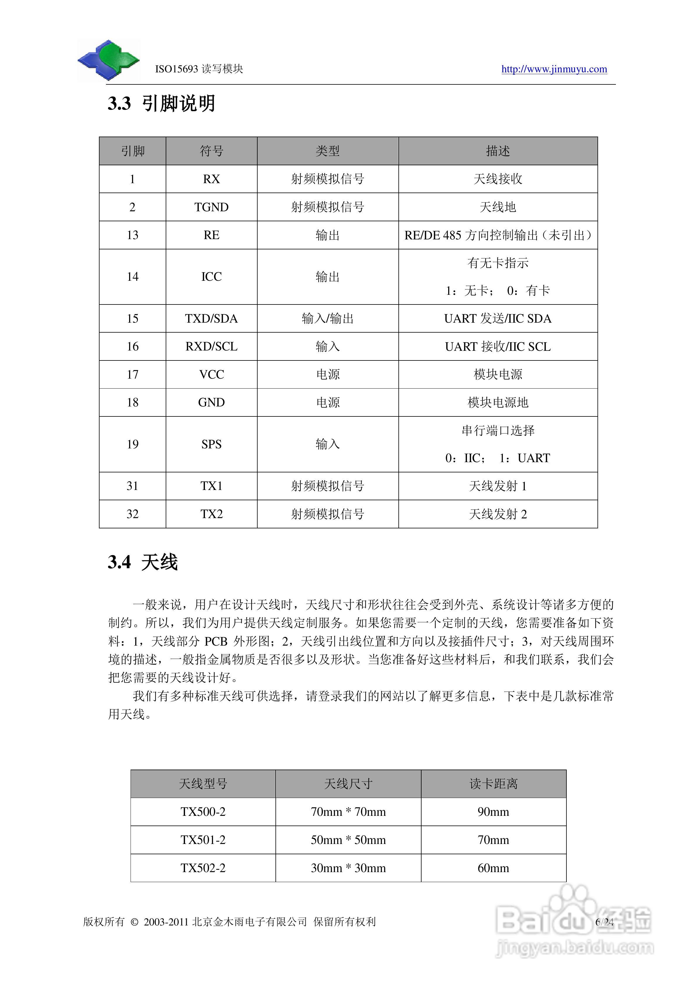 金木雨JMY501G天线分离式非接触IC卡读卡模块手册:[1]