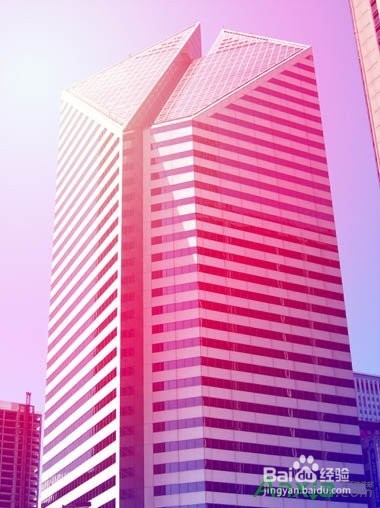 安下PS教程:PS调紫红色梦幻阳光非主流高楼照片