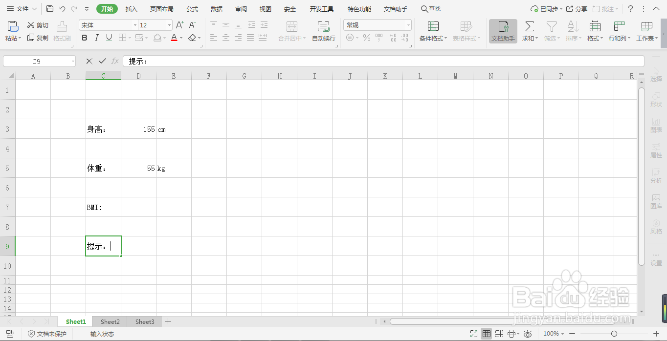 在Excel中如何输入体重指数内容