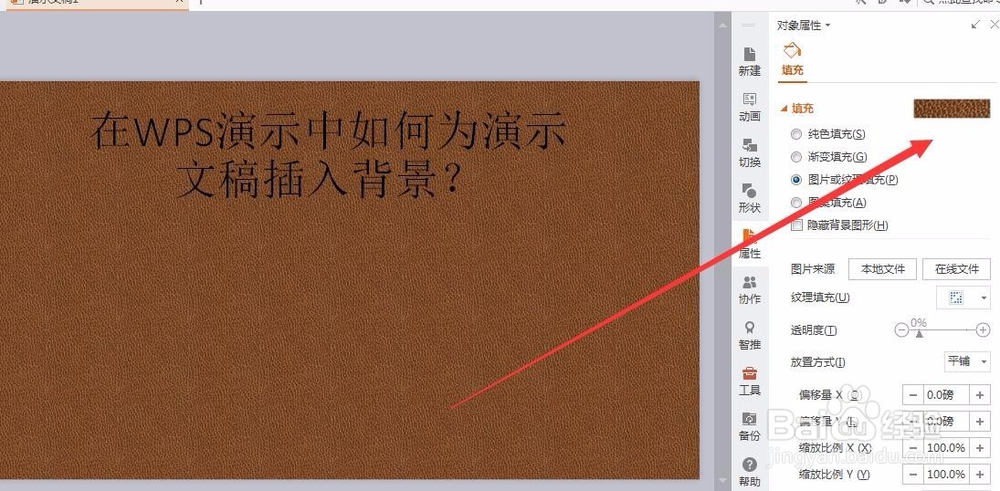 在WPS演示中如何为演示文稿插入背景？