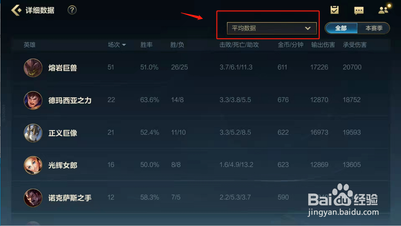 英雄联盟lol手游怎么查看常用英雄赛季胜率KDA