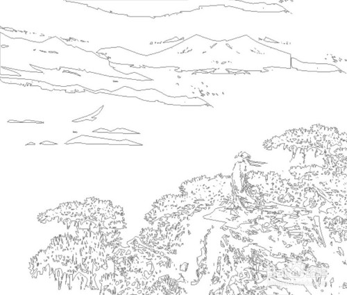 画出云海高山的轮廓线条.