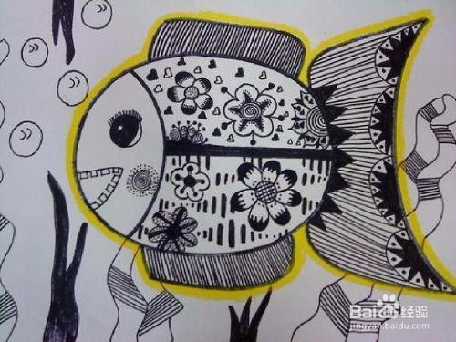 儿童画 鱼 儿童作品线描画 鱼 元旦作品展