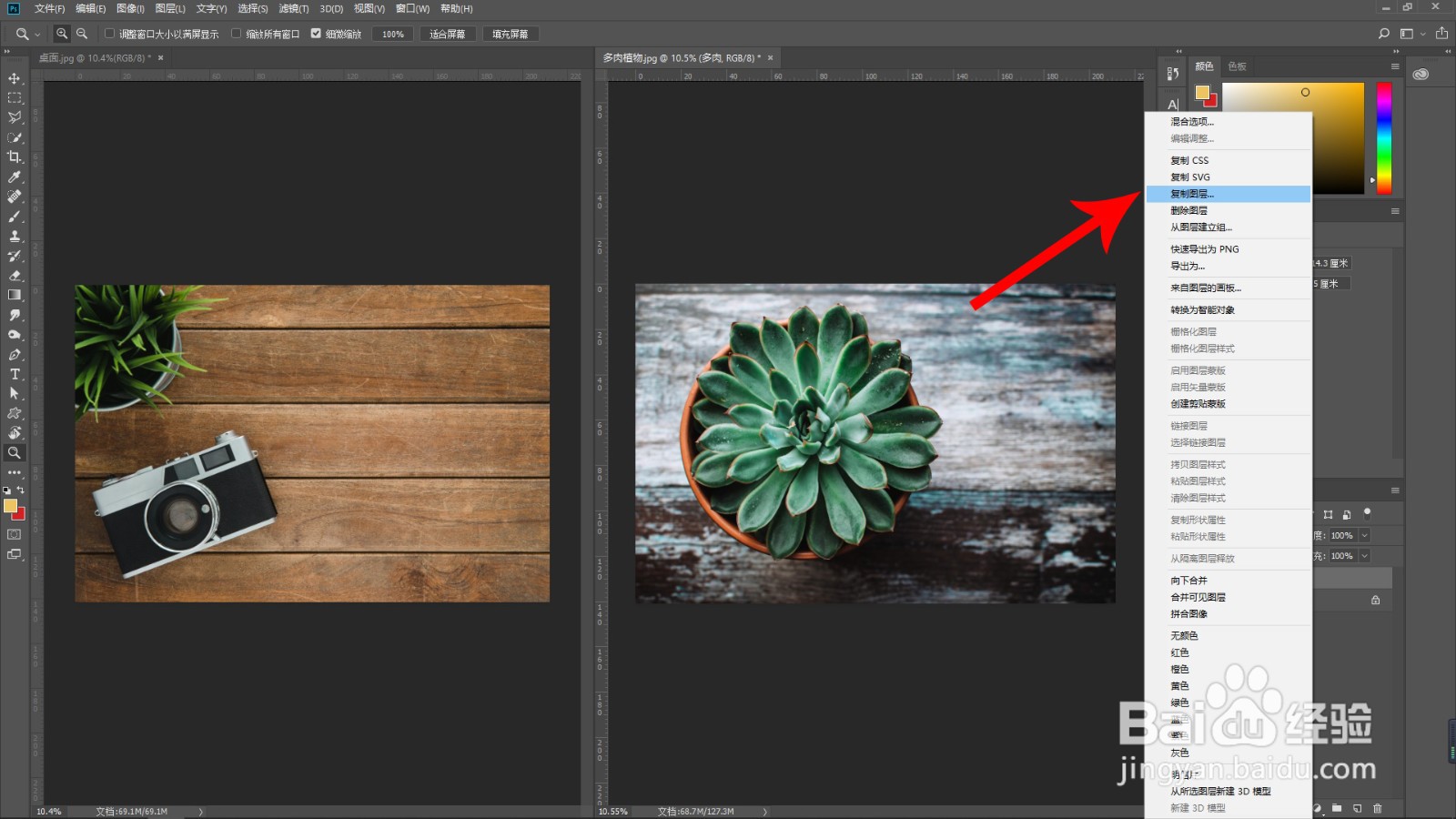 在Photoshop中如何将一个图层复制到另一画布？