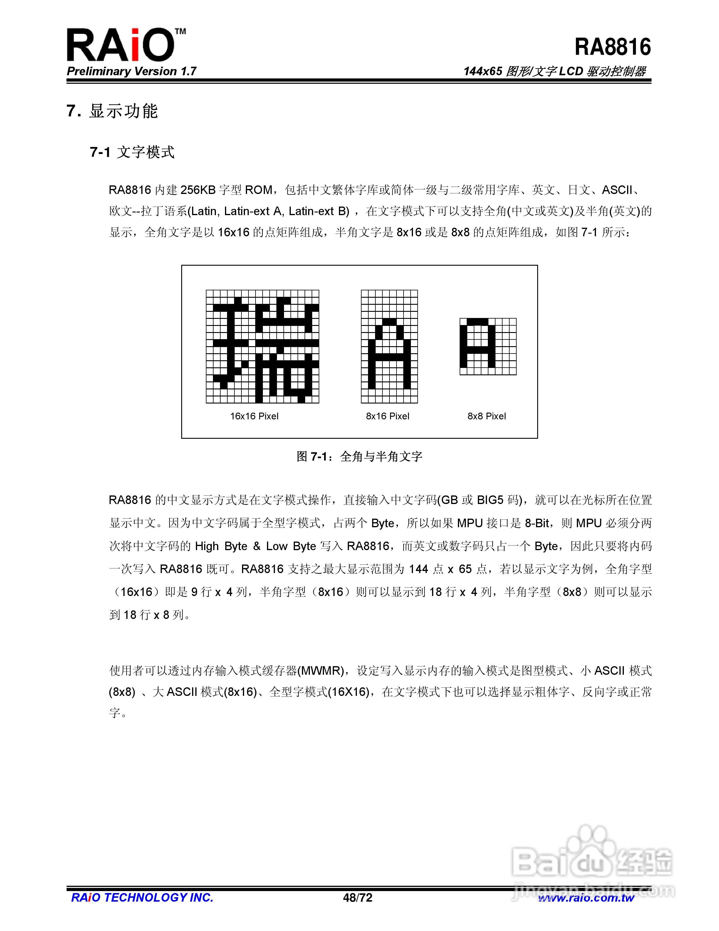RAiO RA8816 144x65图形/文字LCD驱动控制器说明书:[5]