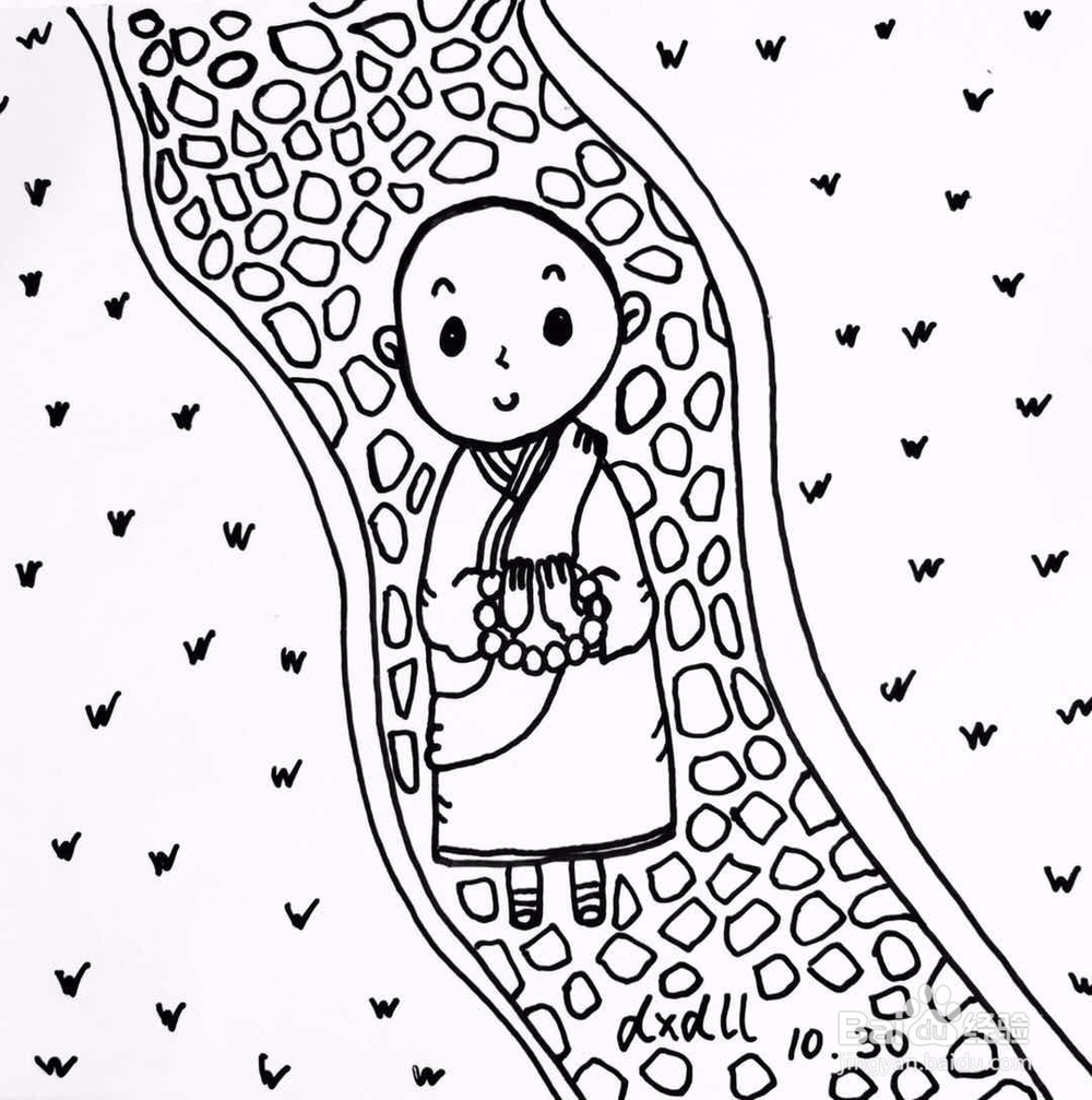 茉莉水彩手绘之踱步的小和尚