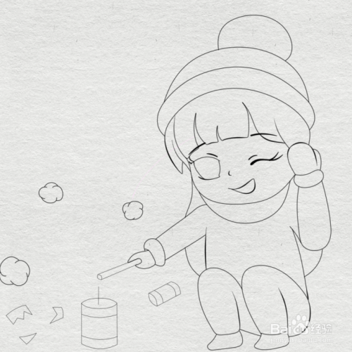 在人物前方画出炮仗,纸碎和燃放的烟花轮廓,人物右手上画出持着的