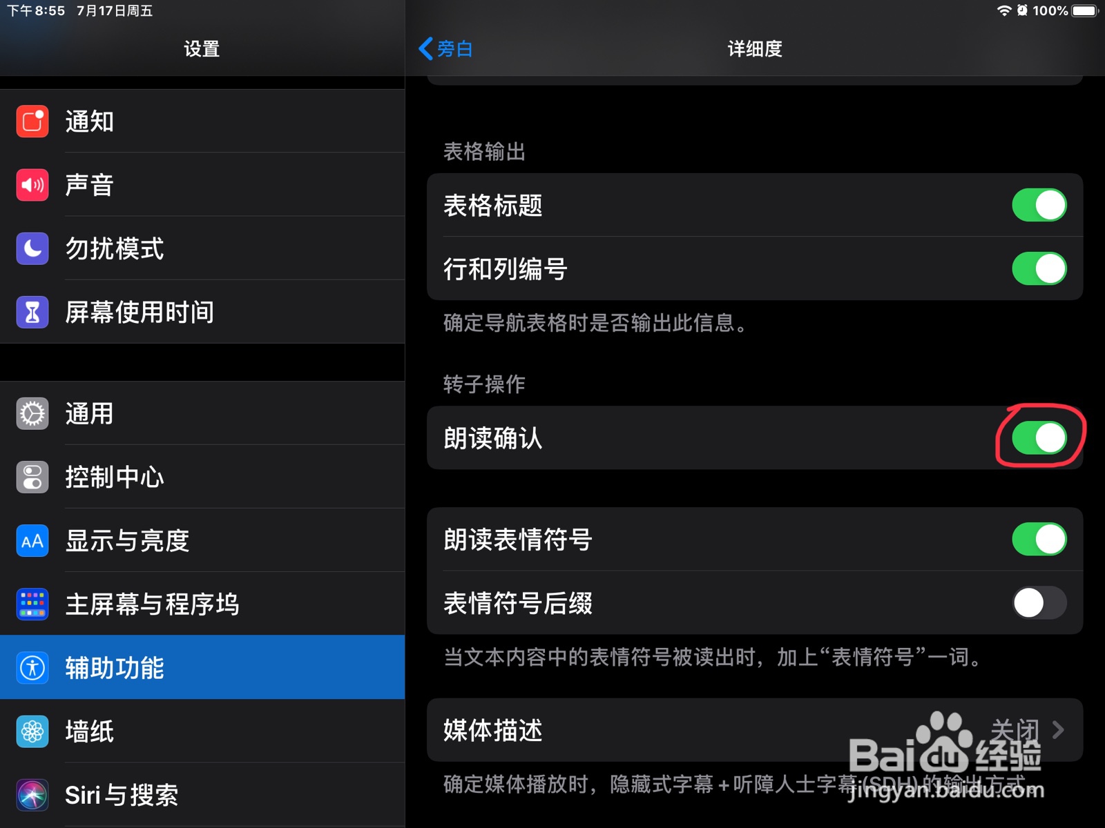 iPad怎么在旁白打开朗读确认
